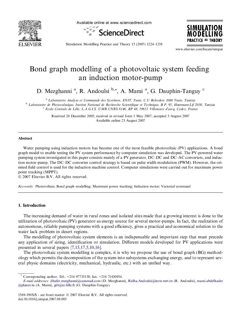 Bond graph modelling of a photovoltaic system feeding an induction motor-pump