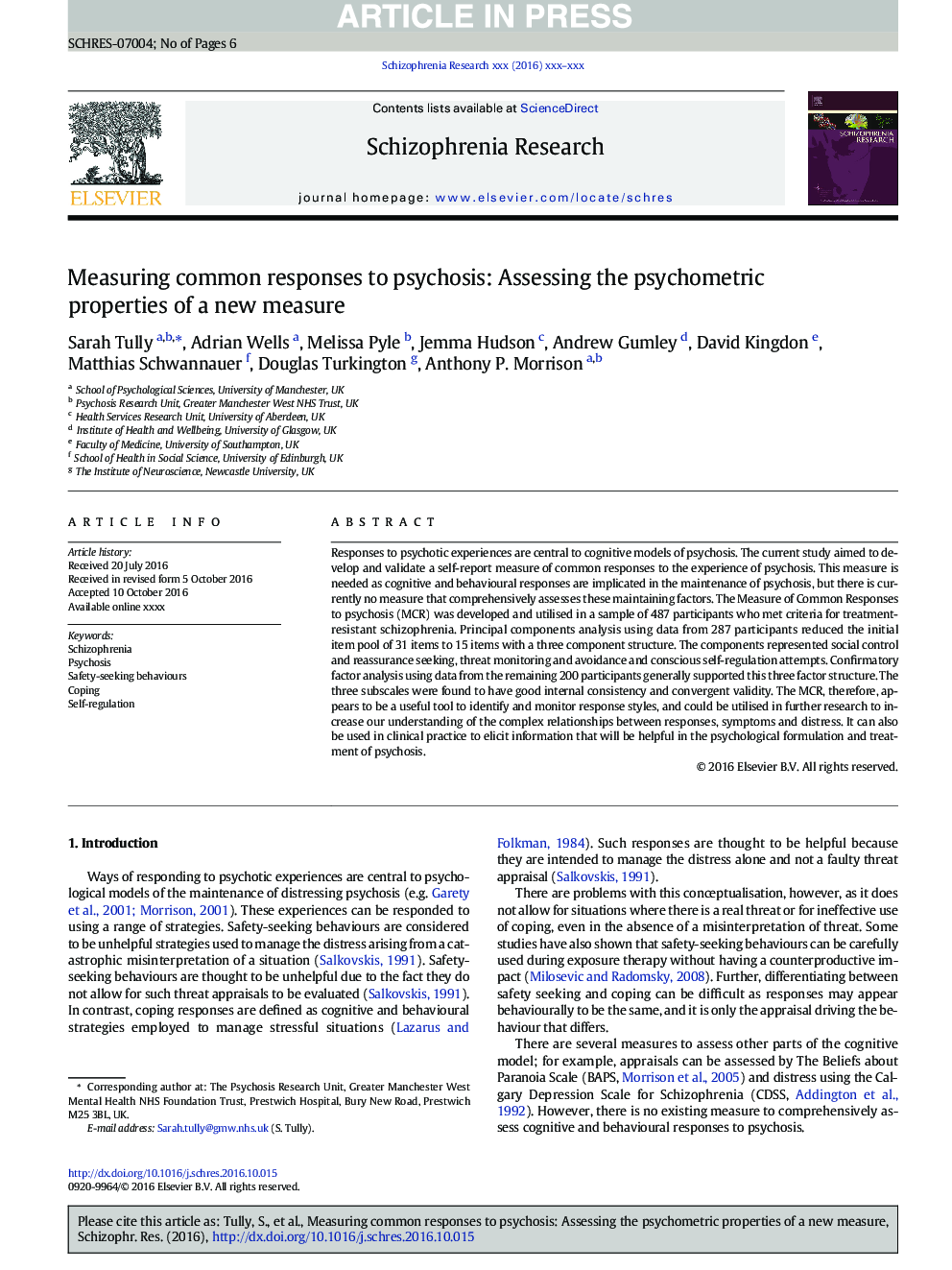 Measuring common responses to psychosis: Assessing the psychometric properties of a new measure