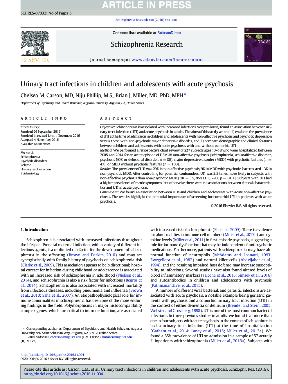 Urinary tract infections in children and adolescents with acute psychosis