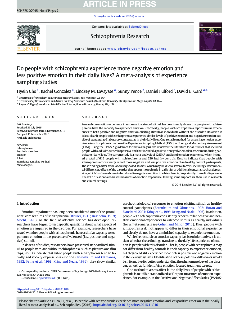 Do people with schizophrenia experience more negative emotion and less positive emotion in their daily lives? A meta-analysis of experience sampling studies