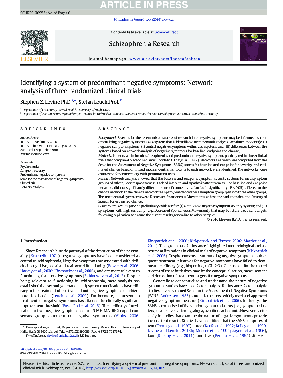 Identifying a system of predominant negative symptoms: Network analysis of three randomized clinical trials