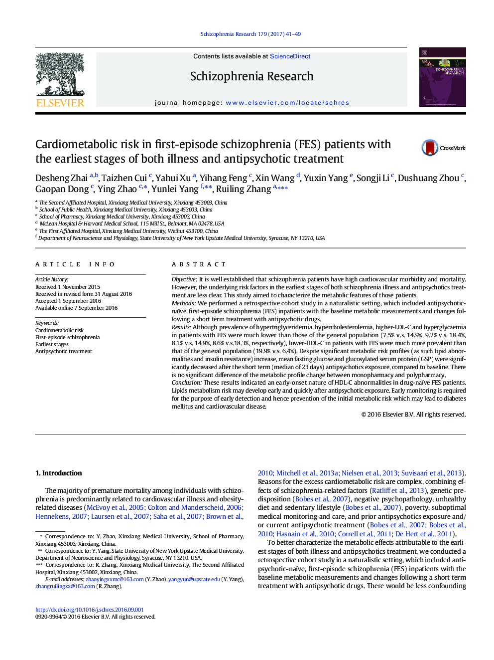 Cardiometabolic risk in first-episode schizophrenia (FES) patients with the earliest stages of both illness and antipsychotic treatment