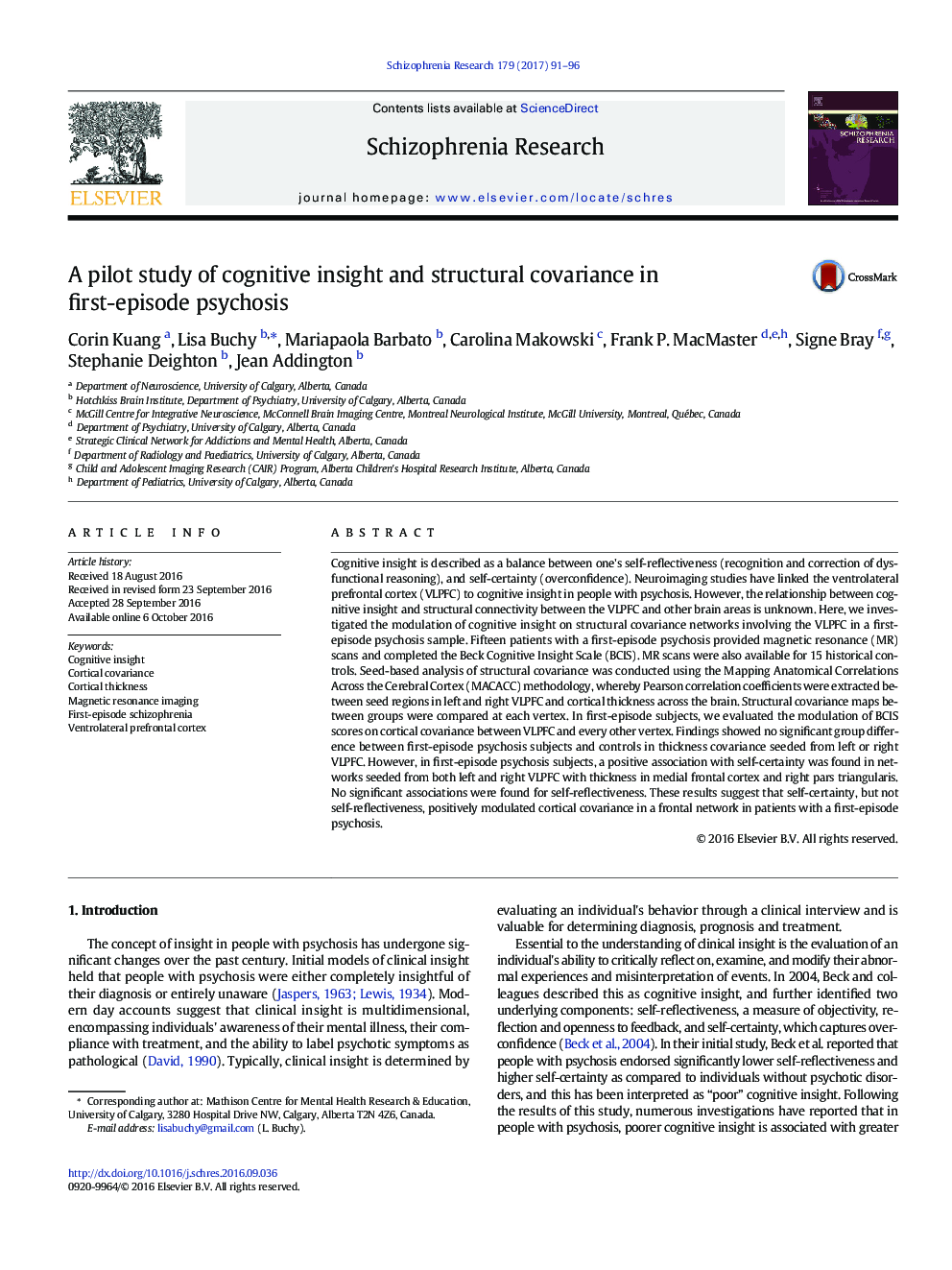 A pilot study of cognitive insight and structural covariance in first-episode psychosis