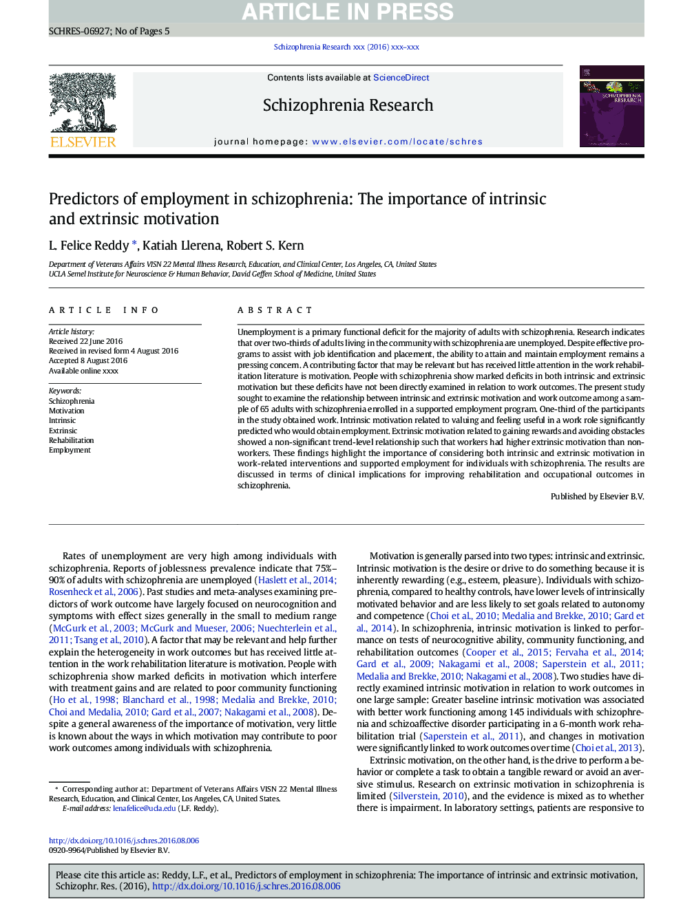 Predictors of employment in schizophrenia: The importance of intrinsic and extrinsic motivation