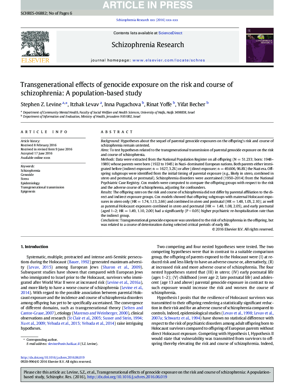 Transgenerational effects of genocide exposure on the risk and course of schizophrenia: A population-based study