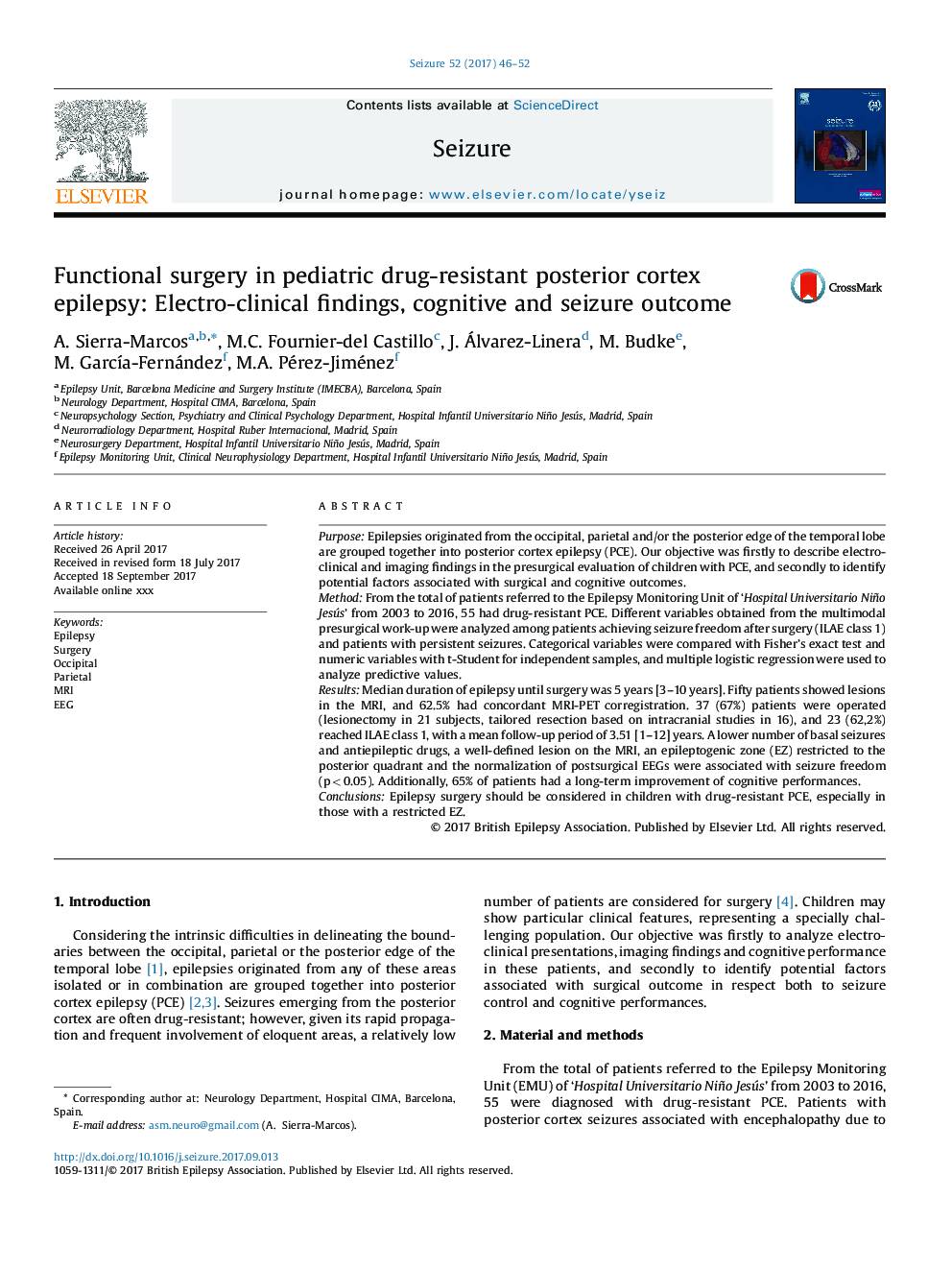 Functional surgery in pediatric drug-resistant posterior cortex epilepsy: Electro-clinical findings, cognitive and seizure outcome