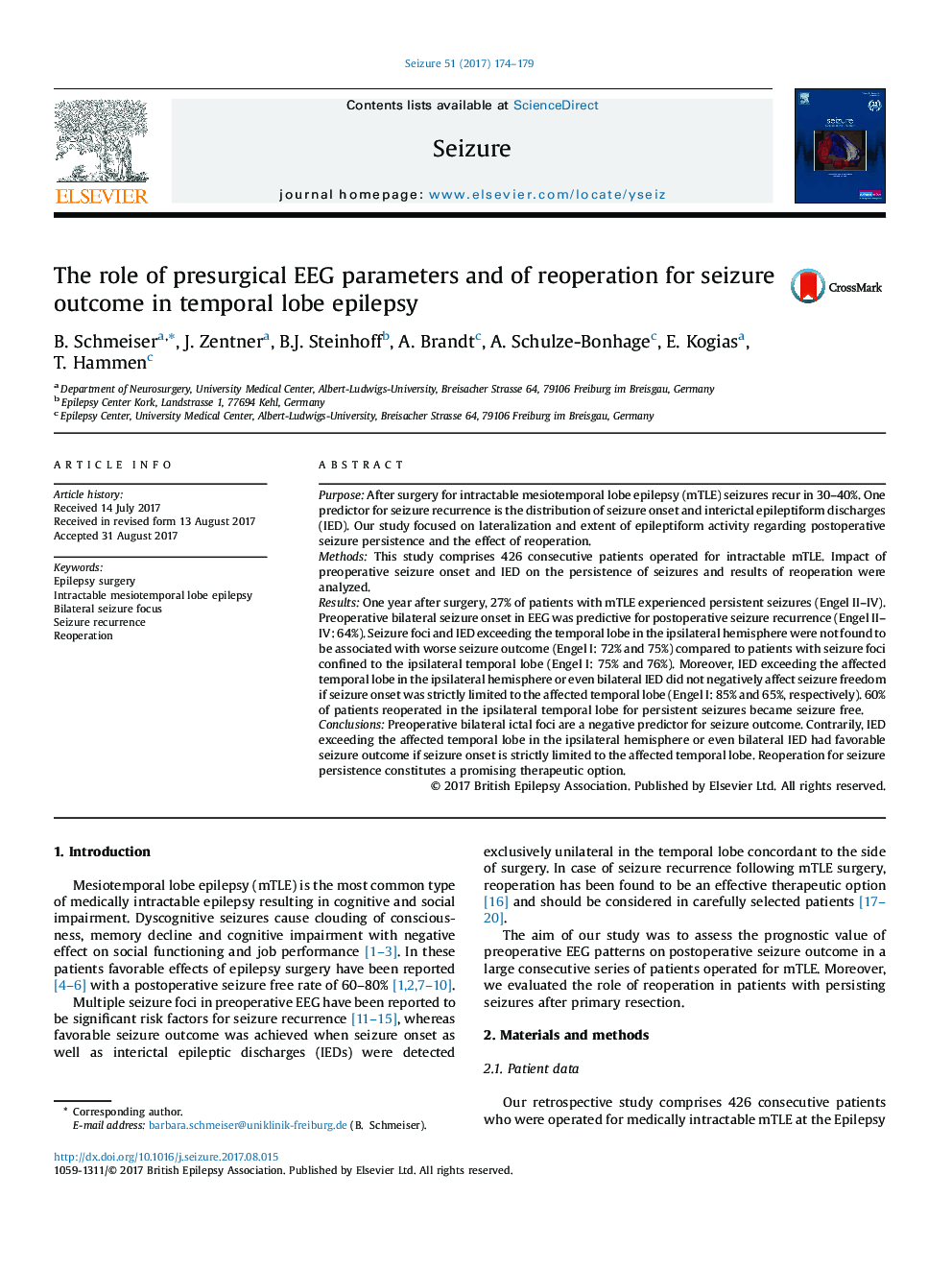 The role of presurgical EEG parameters and of reoperation for seizure outcome in temporal lobe epilepsy