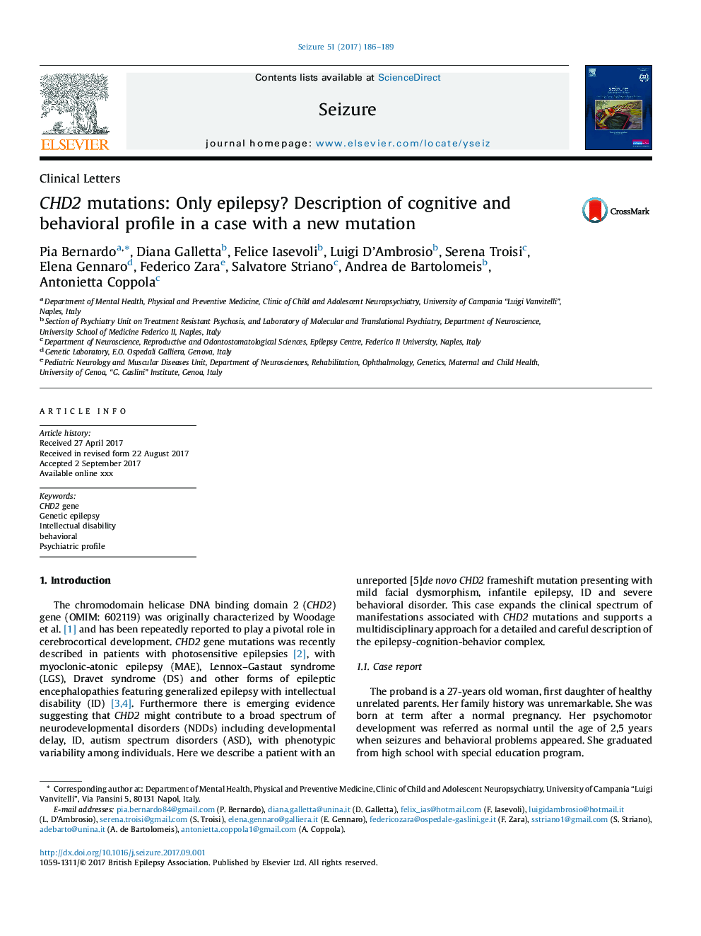 CHD2 mutations: Only epilepsy? Description of cognitive and behavioral profile in a case with a new mutation