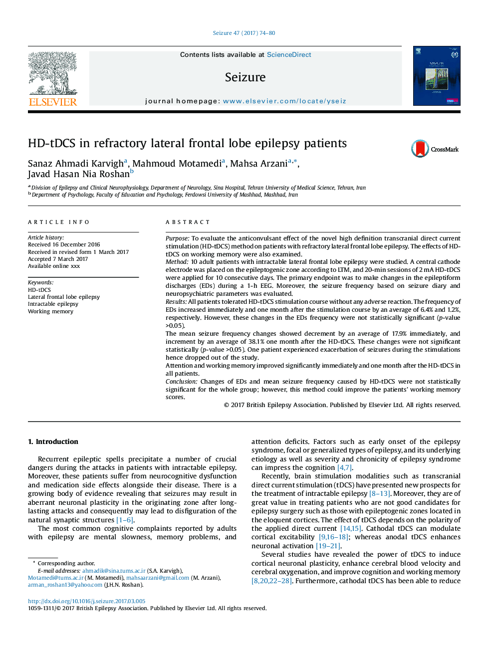 HD-tDCS in refractory lateral frontal lobe epilepsy patients