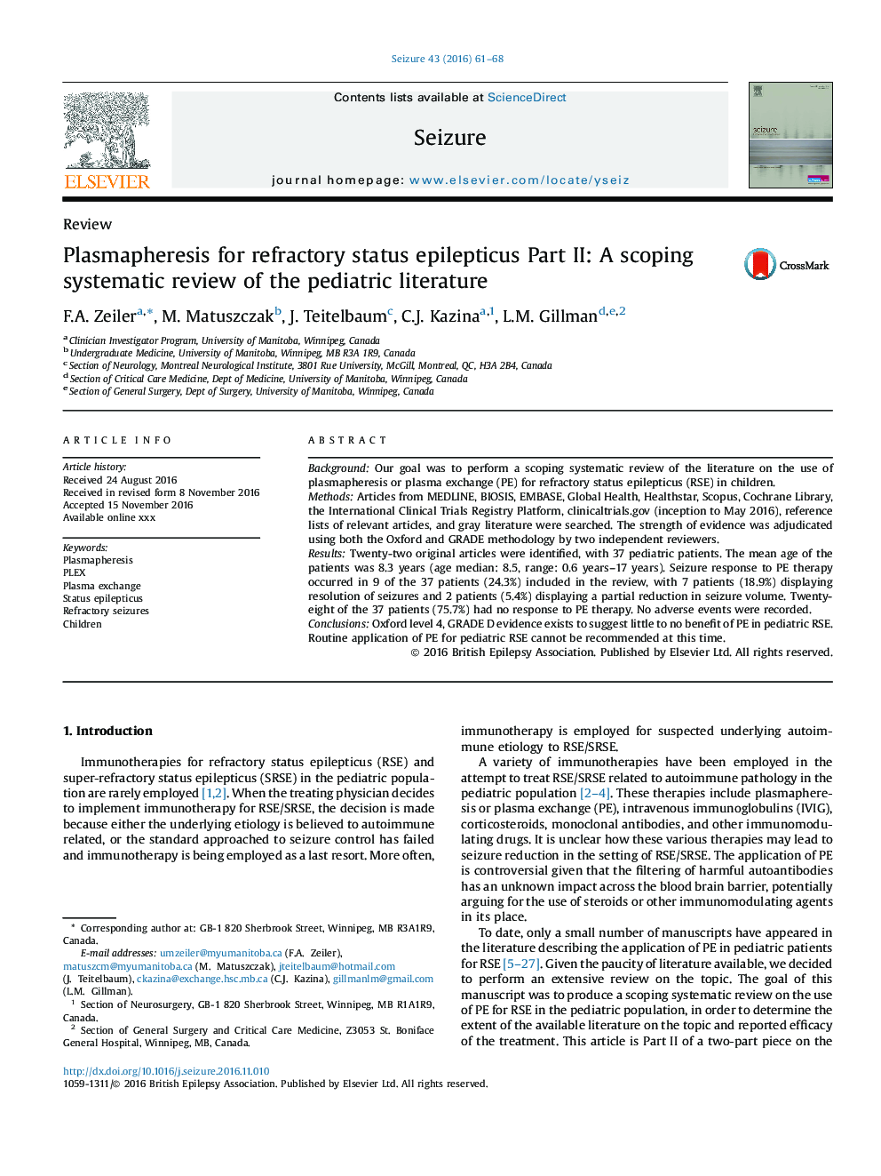 Plasmapheresis for refractory status epilepticus Part II: A scoping systematic review of the pediatric literature