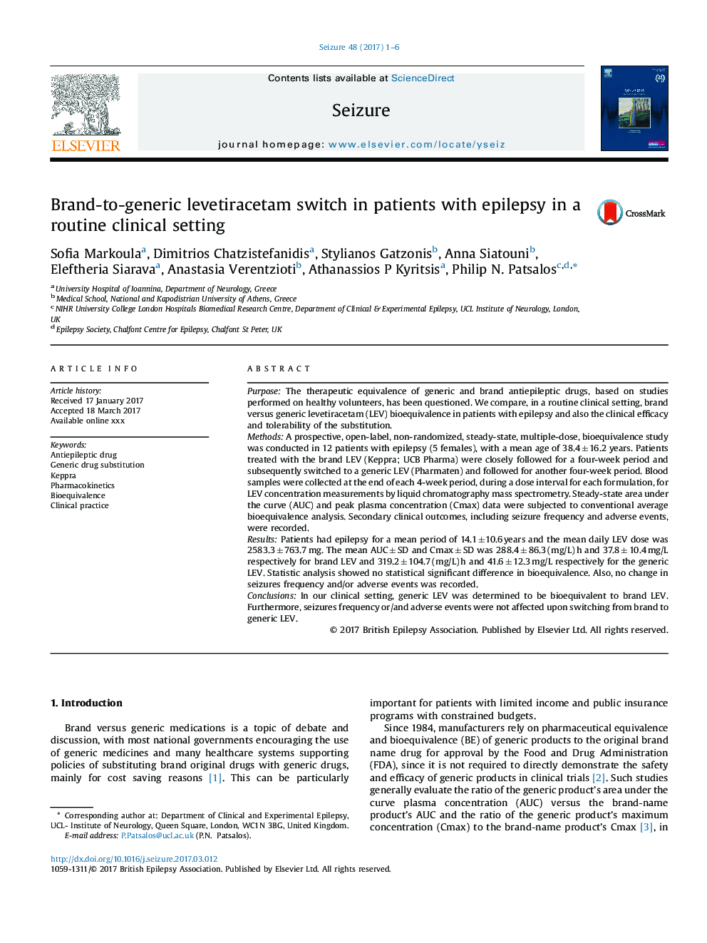 Brand-to-generic levetiracetam switch in patients with epilepsy in a routine clinical setting