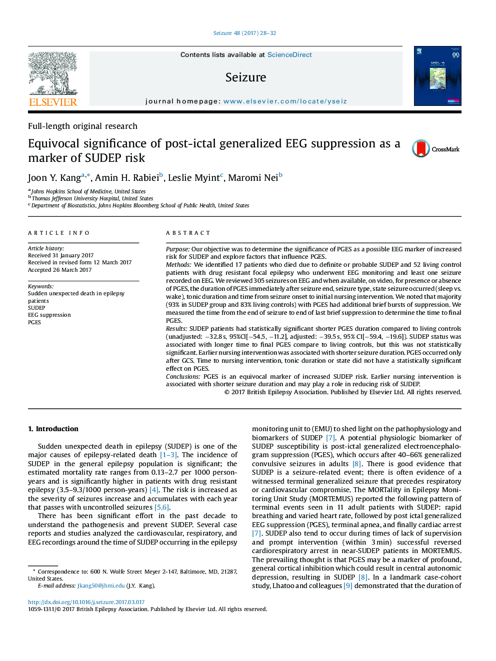 Full-length original researchEquivocal significance of post-ictal generalized EEG suppression as a marker of SUDEP risk