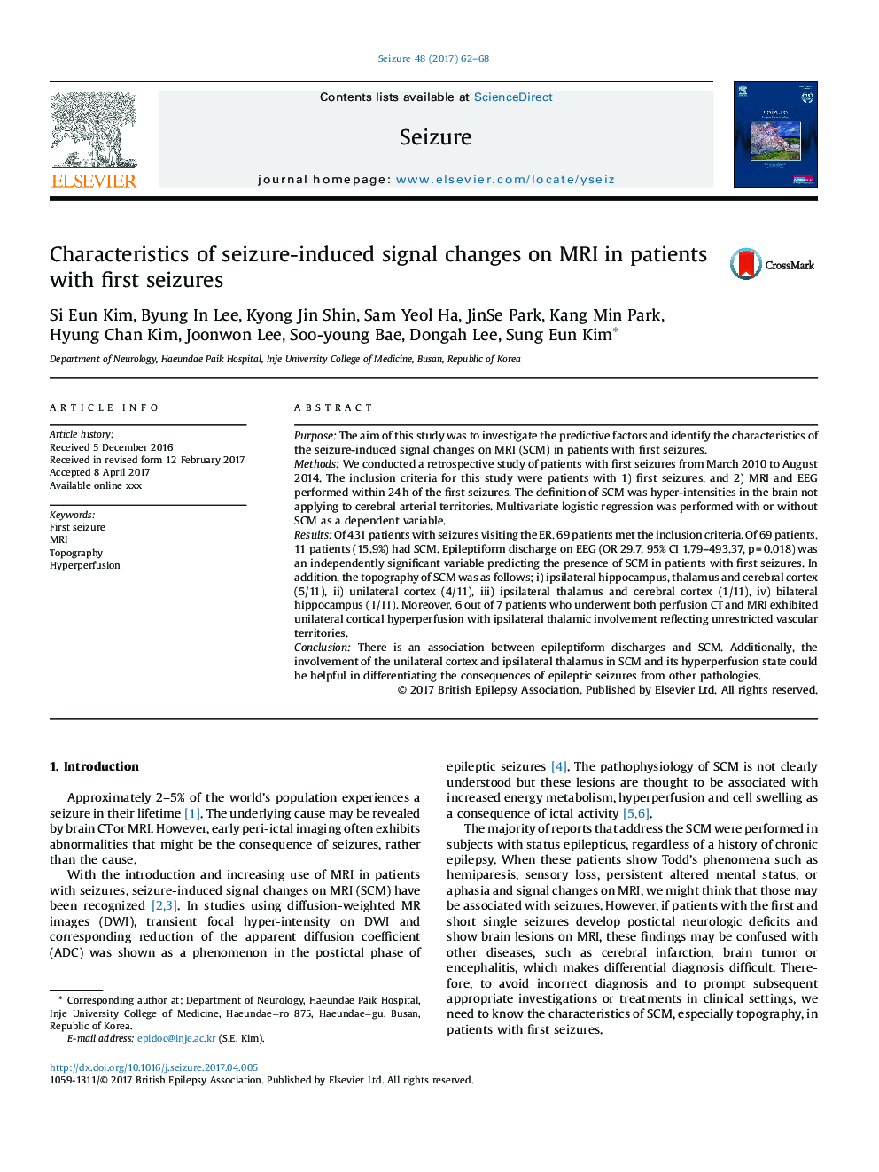 Characteristics of seizure-induced signal changes on MRI in patients with first seizures