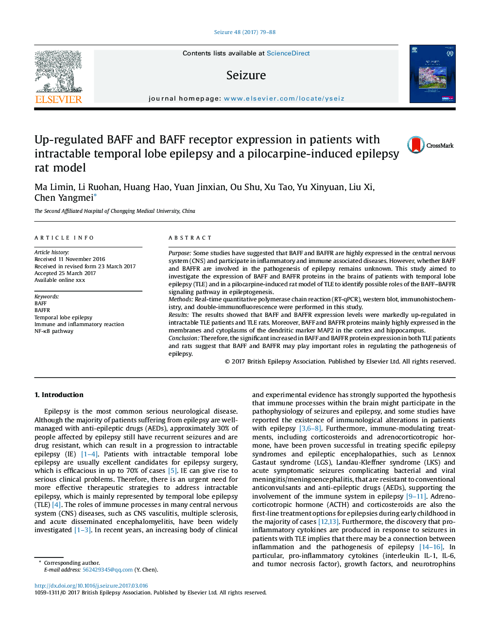 Up-regulated BAFF and BAFF receptor expression in patients with intractable temporal lobe epilepsy and a pilocarpine-induced epilepsy rat model
