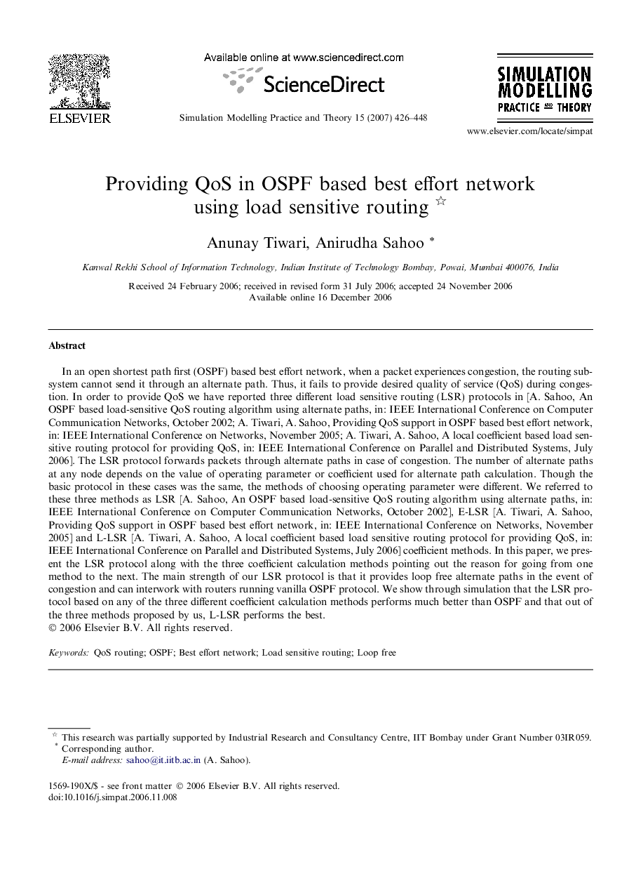 Providing QoS in OSPF based best effort network using load sensitive routing 