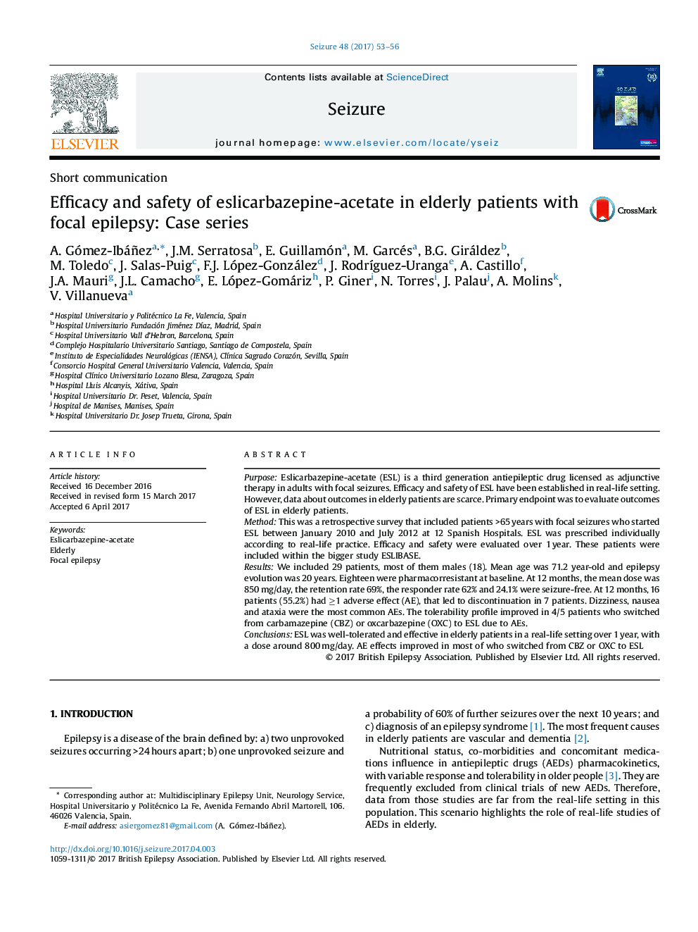 Efficacy and safety of eslicarbazepine-acetate in elderly patients with focal epilepsy: Case series