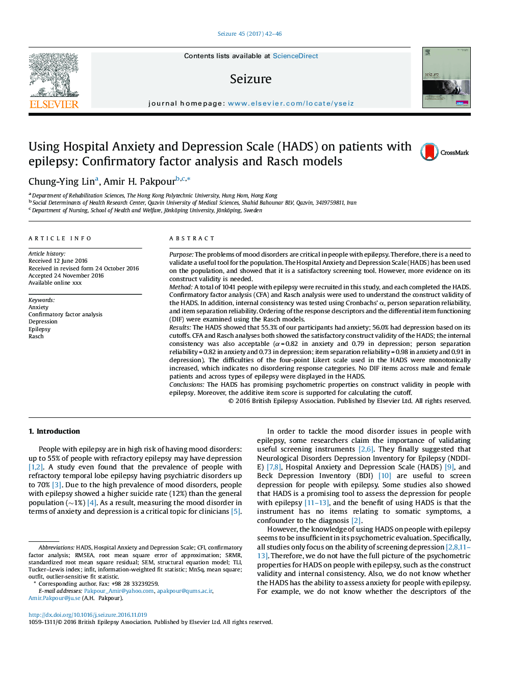 Using Hospital Anxiety and Depression Scale (HADS) on patients with epilepsy: Confirmatory factor analysis and Rasch models