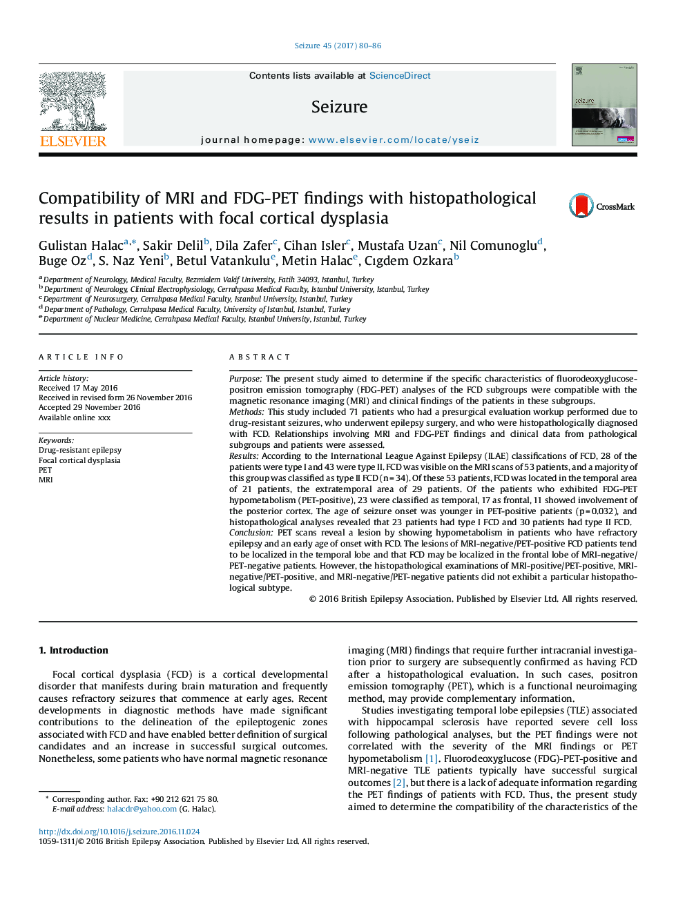 Compatibility of MRI and FDG-PET findings with histopathological results in patients with focal cortical dysplasia