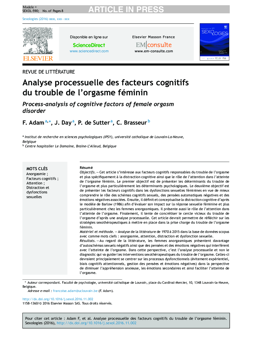 Analyse processuelle des facteurs cognitifs du trouble de l'orgasme féminin