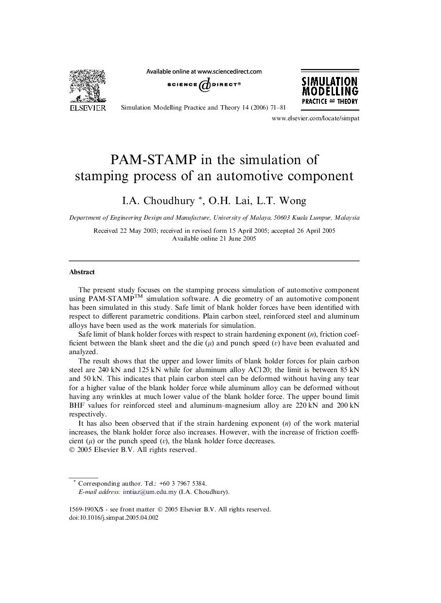 PAM-STAMP in the simulation of stamping process of an automotive component