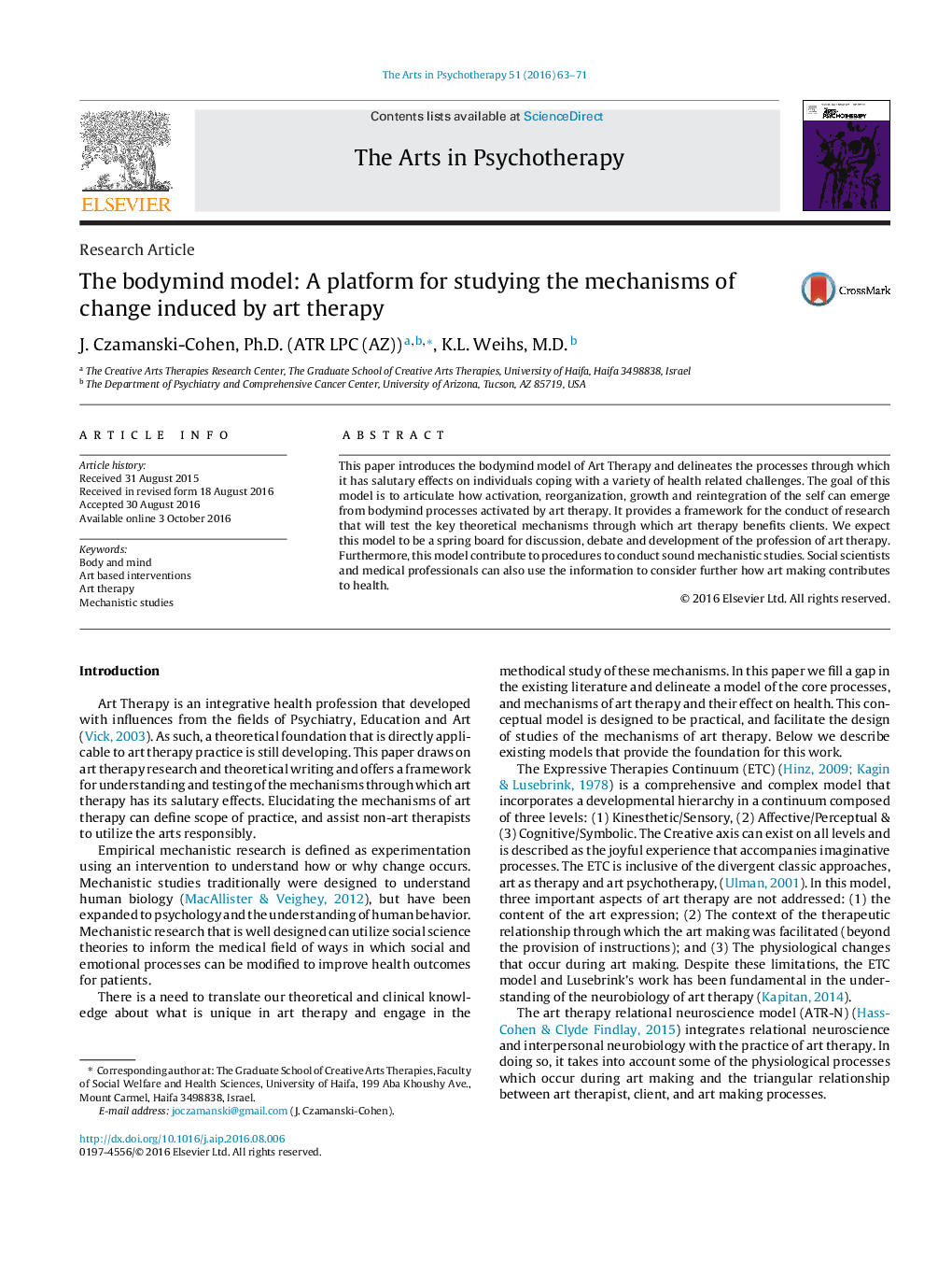 The bodymind model: A platform for studying the mechanisms of change induced by art therapy