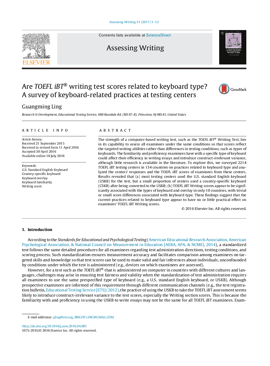 Are TOEFL iBT® writing test scores related to keyboard type? A survey of keyboard-related practices at testing centers