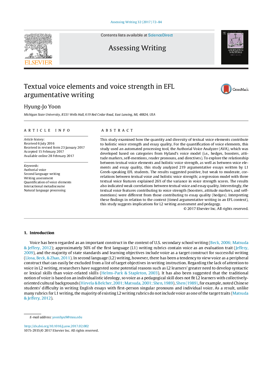 Textual voice elements and voice strength in EFL argumentative writing