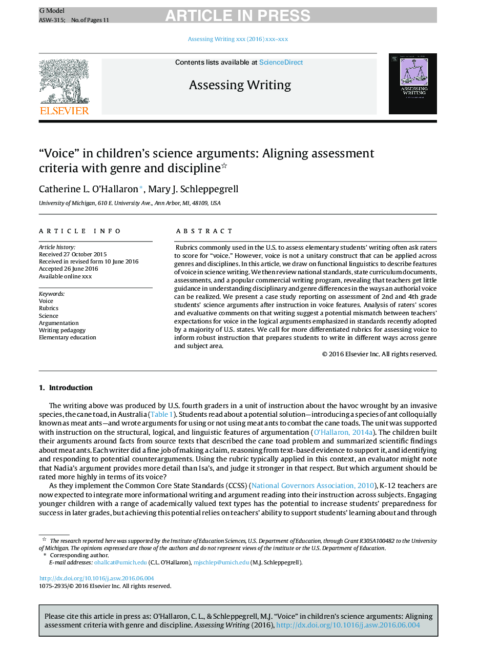 “Voice” in children's science arguments: Aligning assessment criteria with genre and discipline