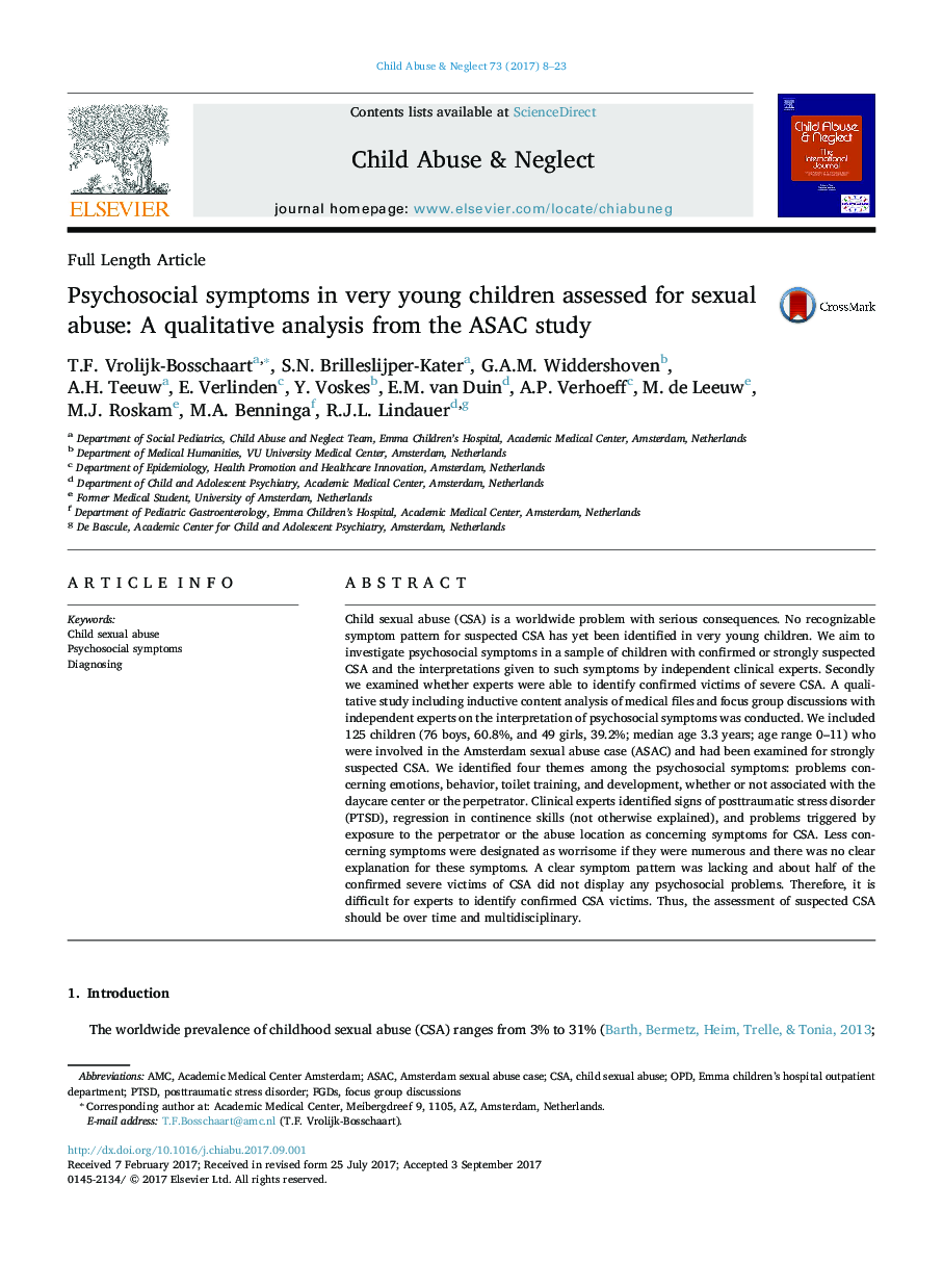 Psychosocial symptoms in very young children assessed for sexual abuse: A qualitative analysis from the ASAC study