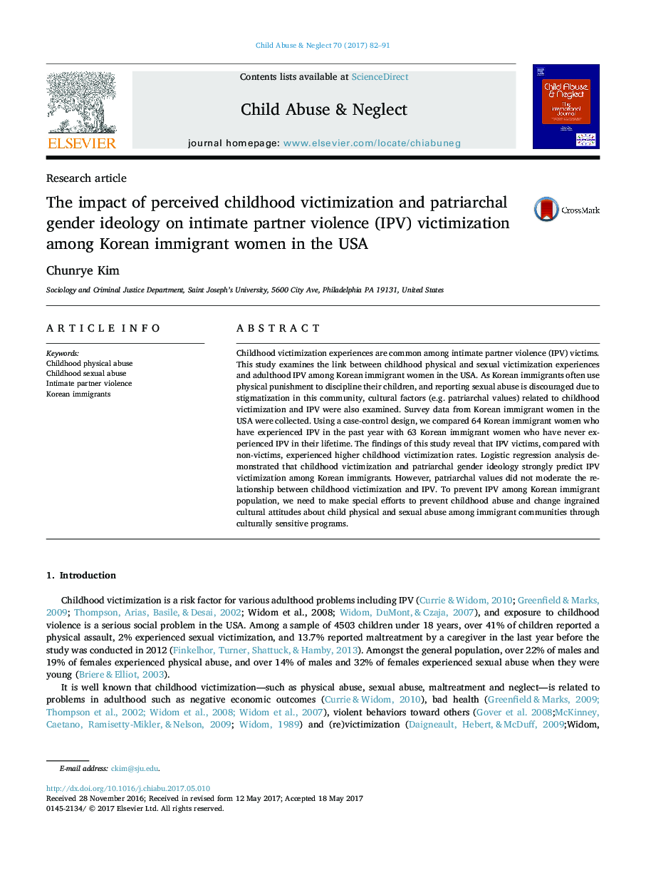 The impact of perceived childhood victimization and patriarchal gender ideology on intimate partner violence (IPV) victimization among Korean immigrant women in the USA