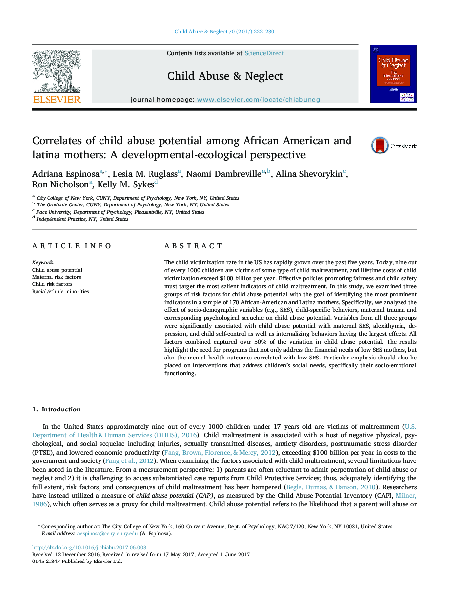 Correlates of child abuse potential among African American and latina mothers: A developmental-ecological perspective