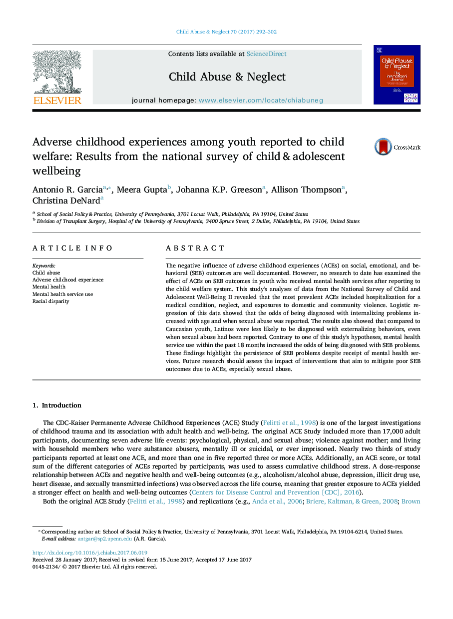 Adverse childhood experiences among youth reported to child welfare: Results from the national survey of child & adolescent wellbeing