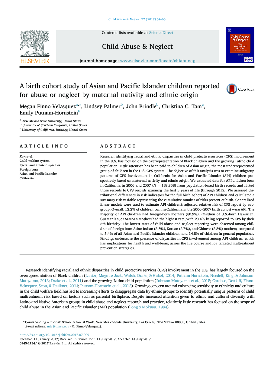 مطالعه کوهورت تولد بچه های آسیایی و اقیانوس آرام برای سوء استفاده یا غفلت از طریق تولد مادران و نژاد های نژادی گزارش شده است 