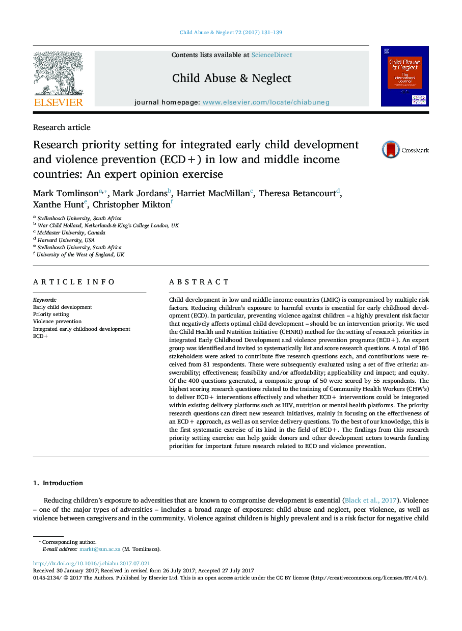 Research priority setting for integrated early child development and violence prevention (ECD+) in low and middle income countries: An expert opinion exercise