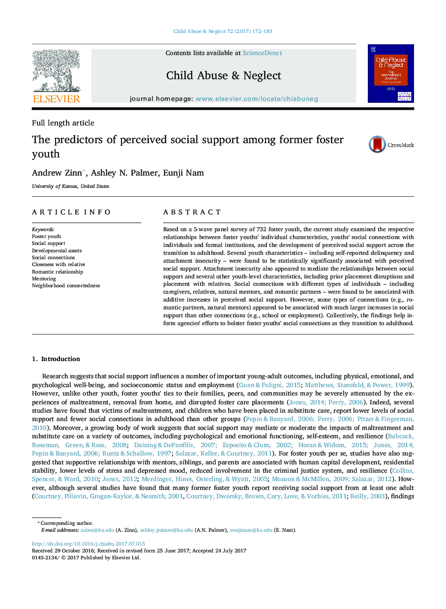 The predictors of perceived social support among former foster youth