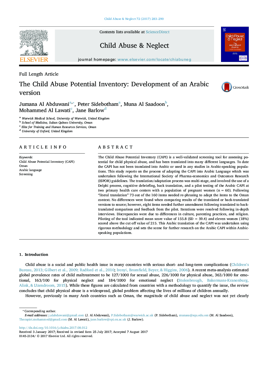 The Child Abuse Potential Inventory: Development of an Arabic version