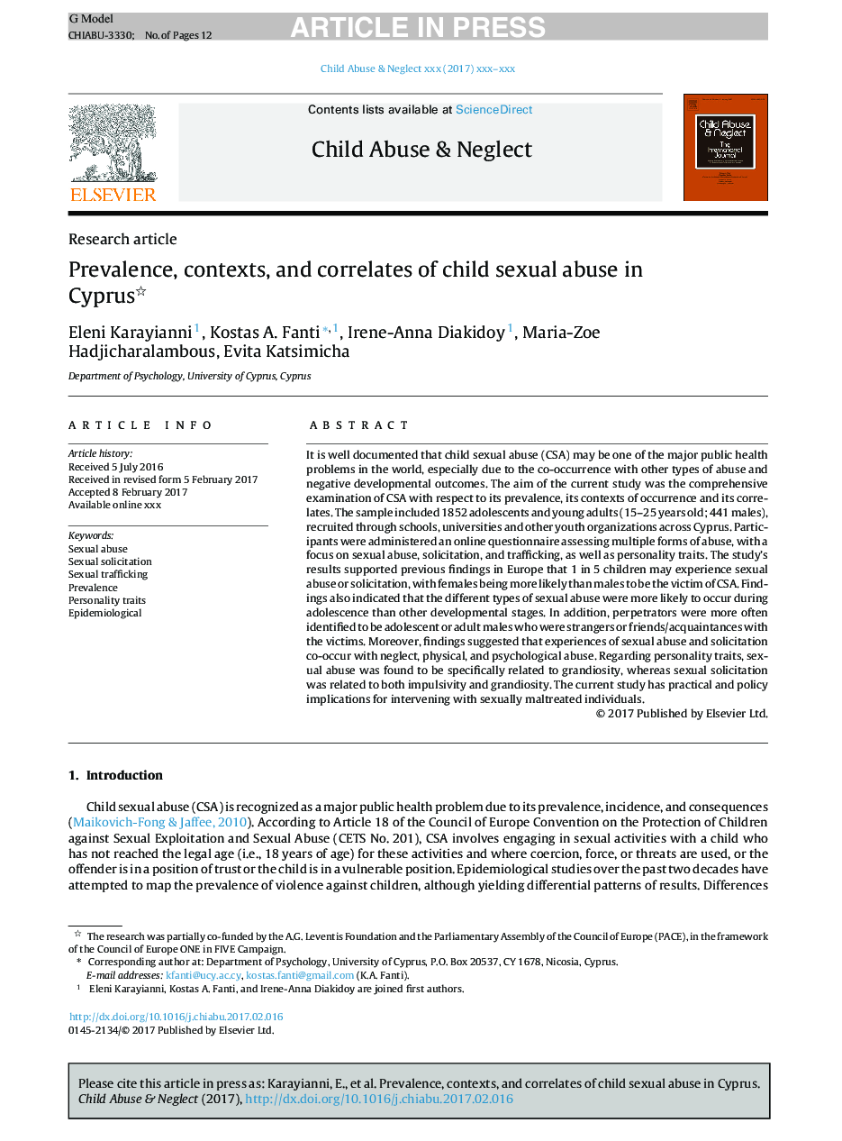 Prevalence, contexts, and correlates of child sexual abuse in Cyprus