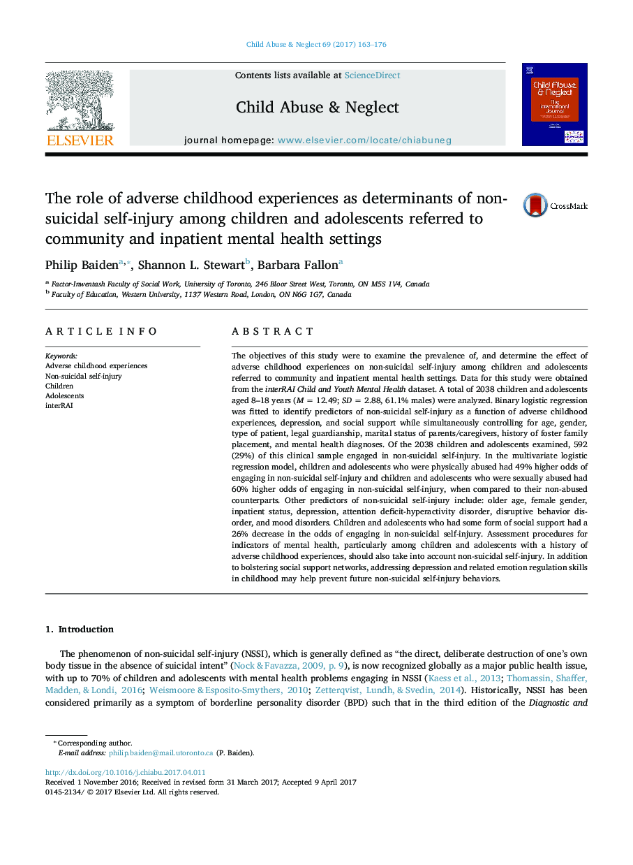 The role of adverse childhood experiences as determinants of non-suicidal self-injury among children and adolescents referred to community and inpatient mental health settings