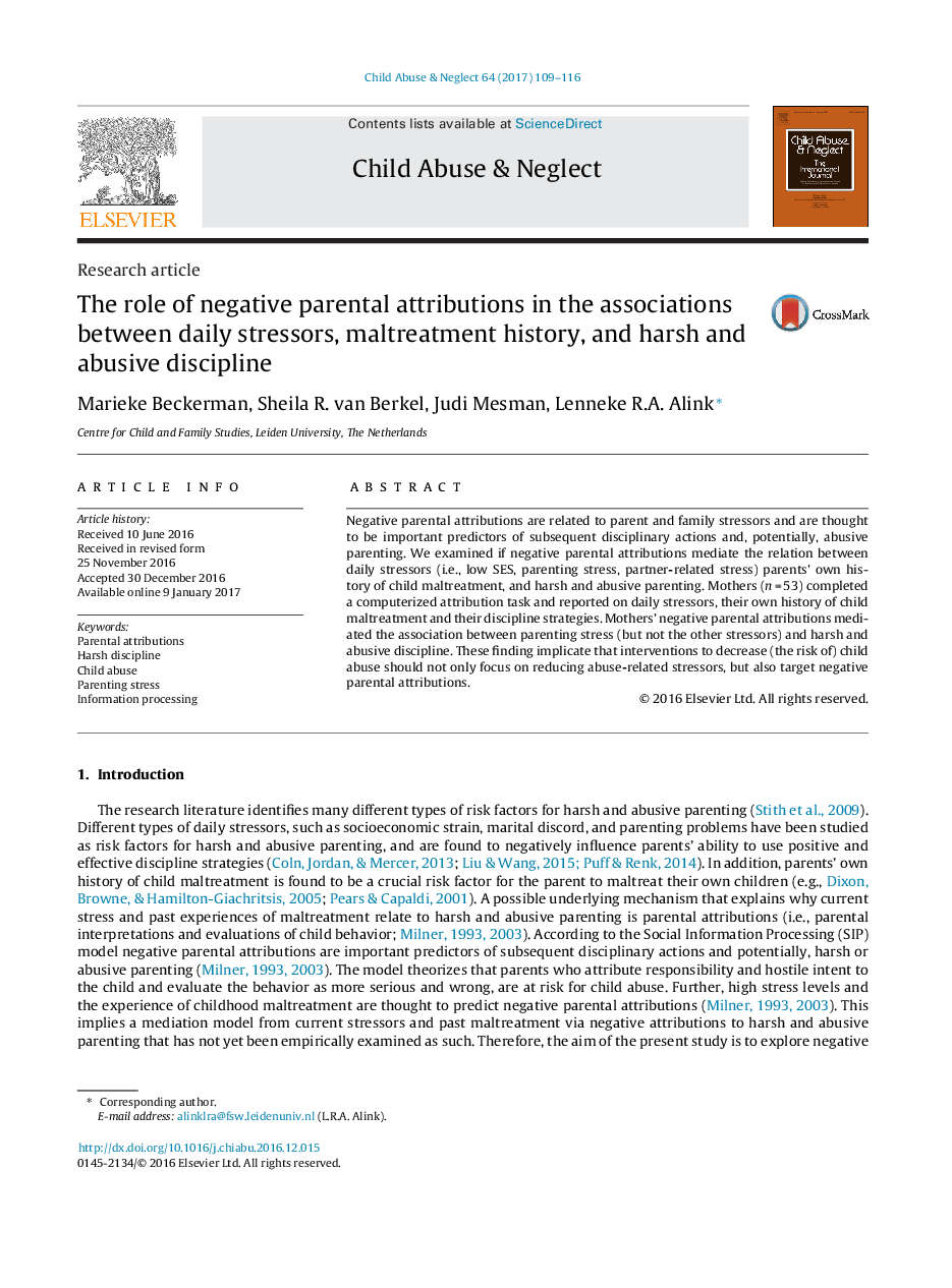 The role of negative parental attributions in the associations between daily stressors, maltreatment history, and harsh and abusive discipline