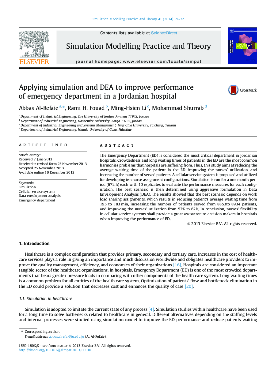 Applying simulation and DEA to improve performance of emergency department in a Jordanian hospital