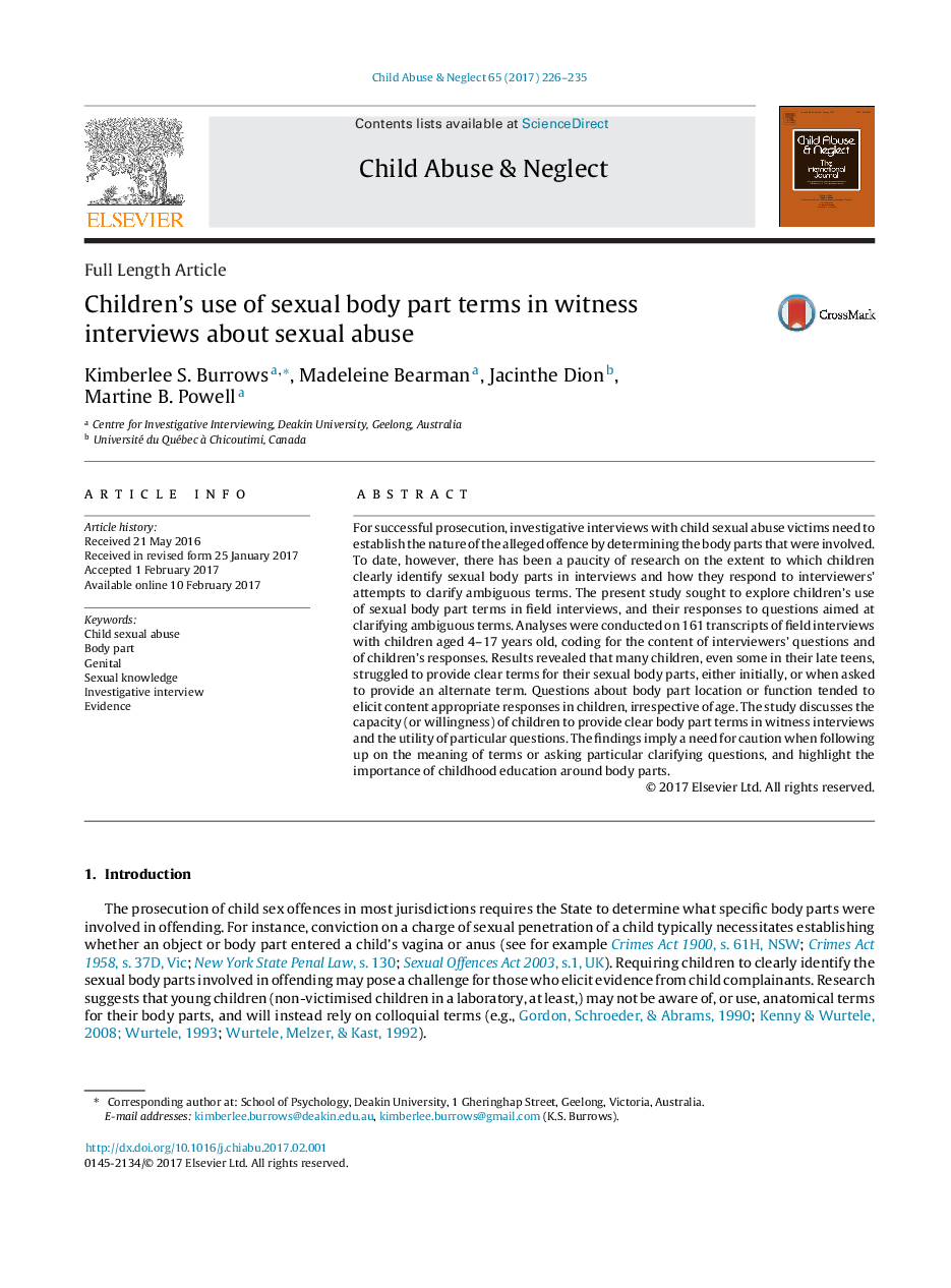 Full Length ArticleChildren's use of sexual body part terms in witness interviews about sexual abuse