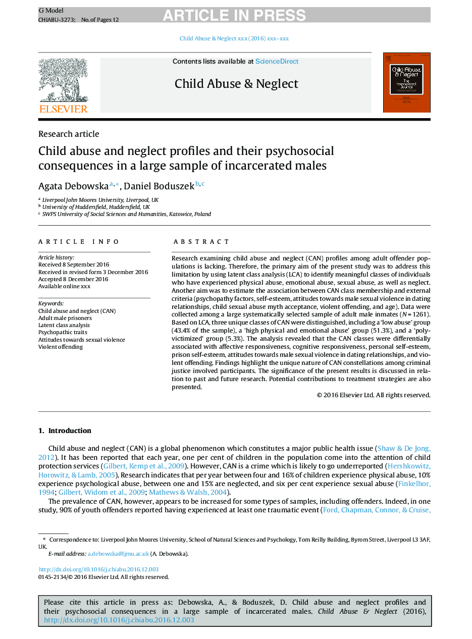 Child abuse and neglect profiles and their psychosocial consequences in a large sample of incarcerated males