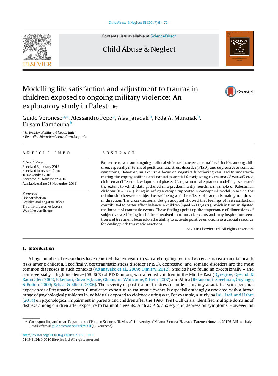 مدلسازی رضایت از زندگی و تنظیم ترومای کودک در معرض خشونت نظامی مداوم: یک مطالعه اکتشافی در فلسطین 