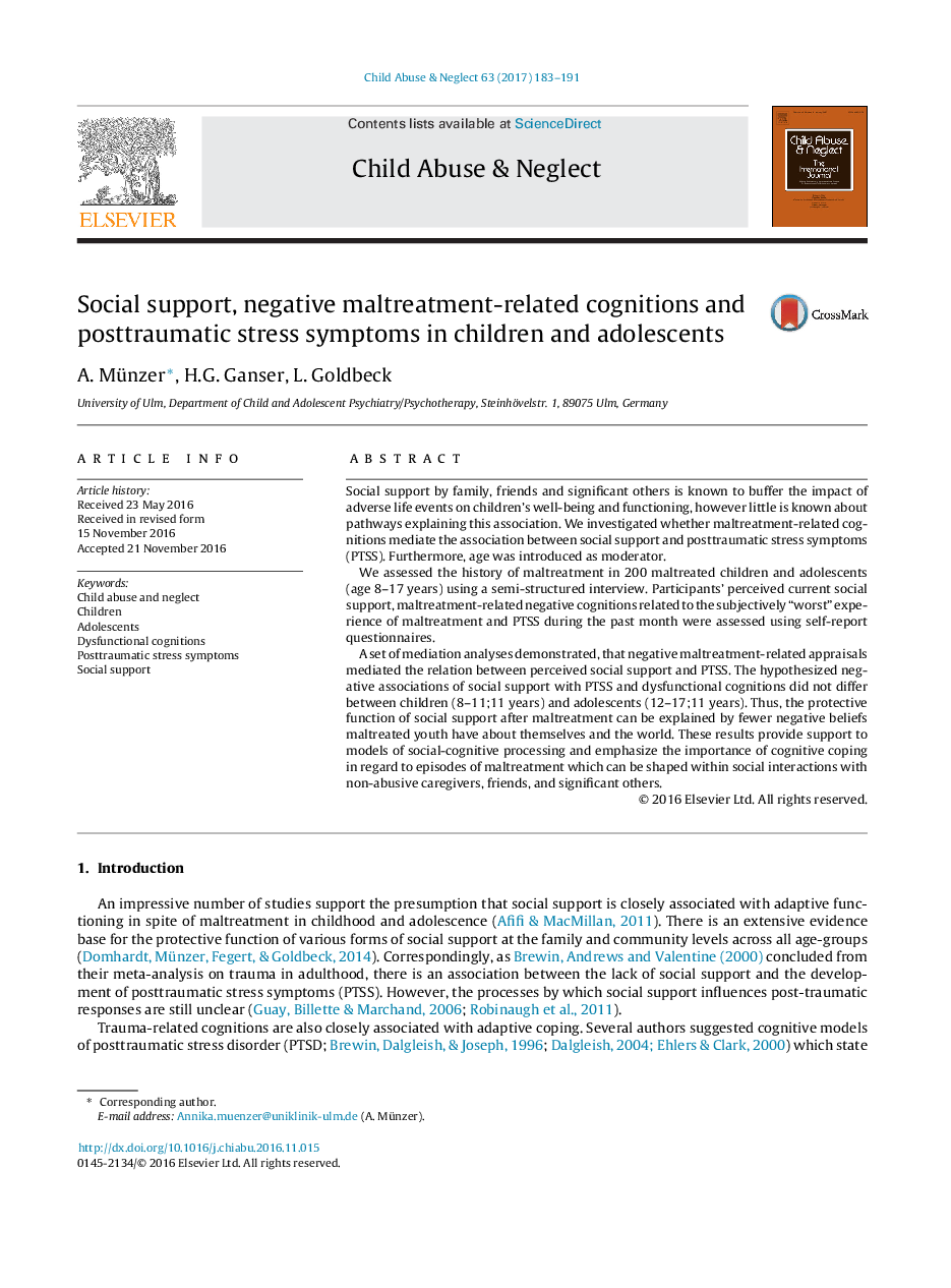 Social support, negative maltreatment-related cognitions and posttraumatic stress symptoms in children and adolescents