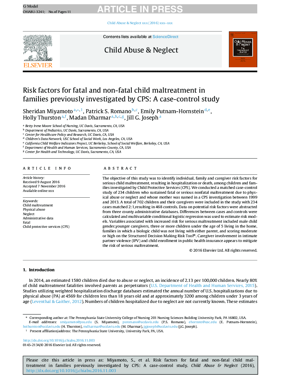 Risk factors for fatal and non-fatal child maltreatment in families previously investigated by CPS: A case-control study