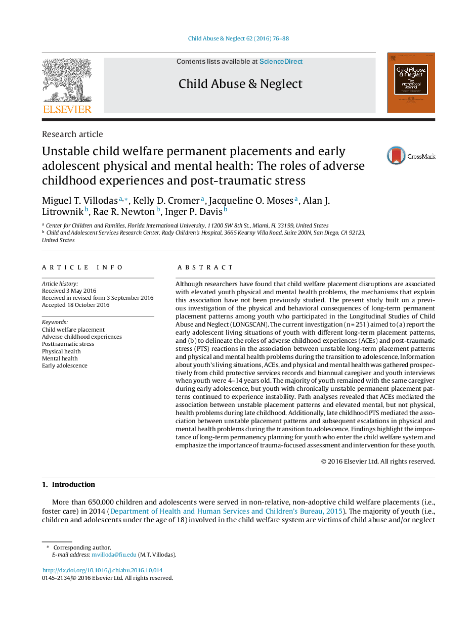 Unstable child welfare permanent placements and early adolescent physical and mental health: The roles of adverse childhood experiences and post-traumatic stress