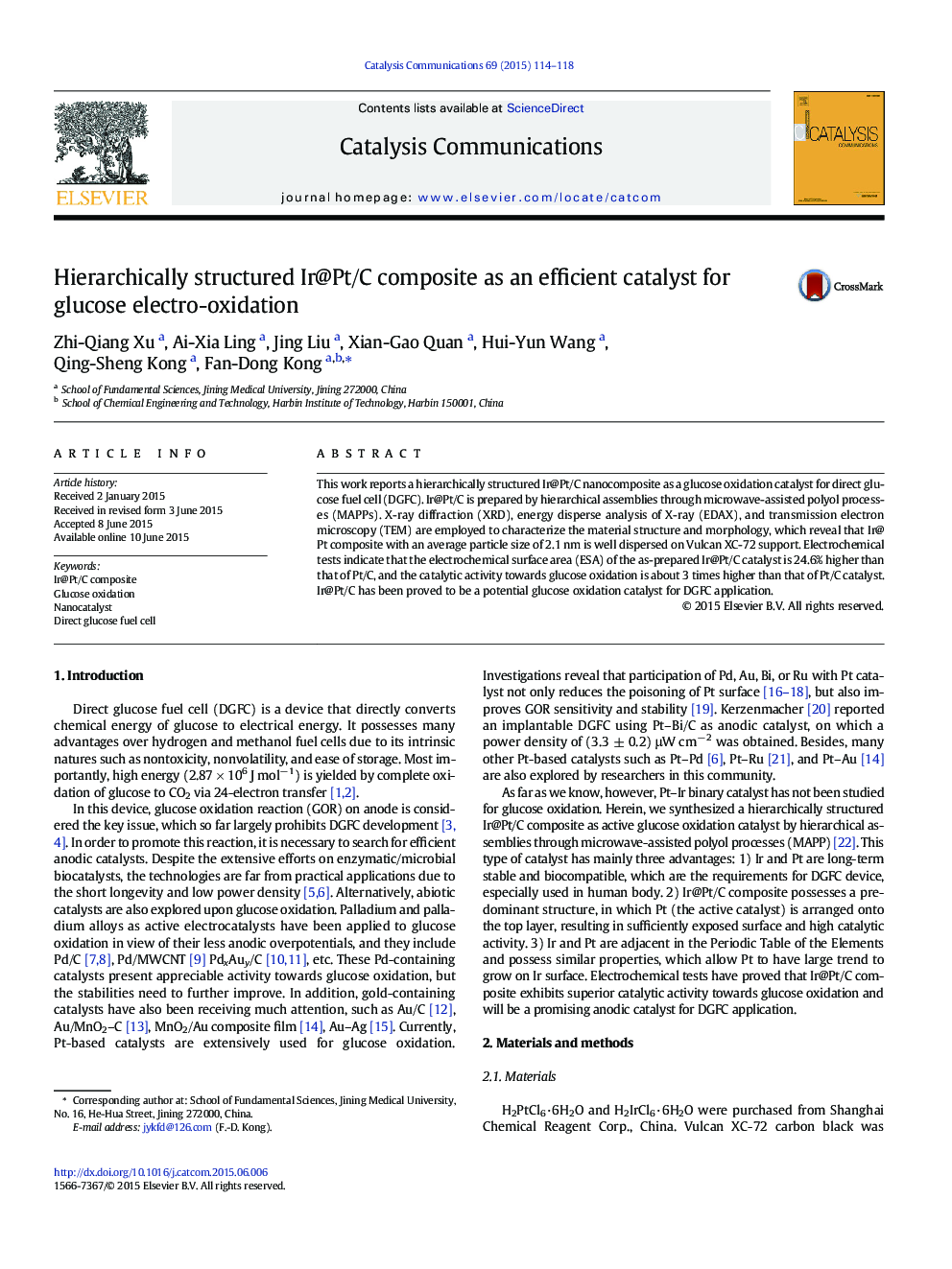 Hierarchically structured Ir@Pt/C composite as an efficient catalyst for glucose electro-oxidation