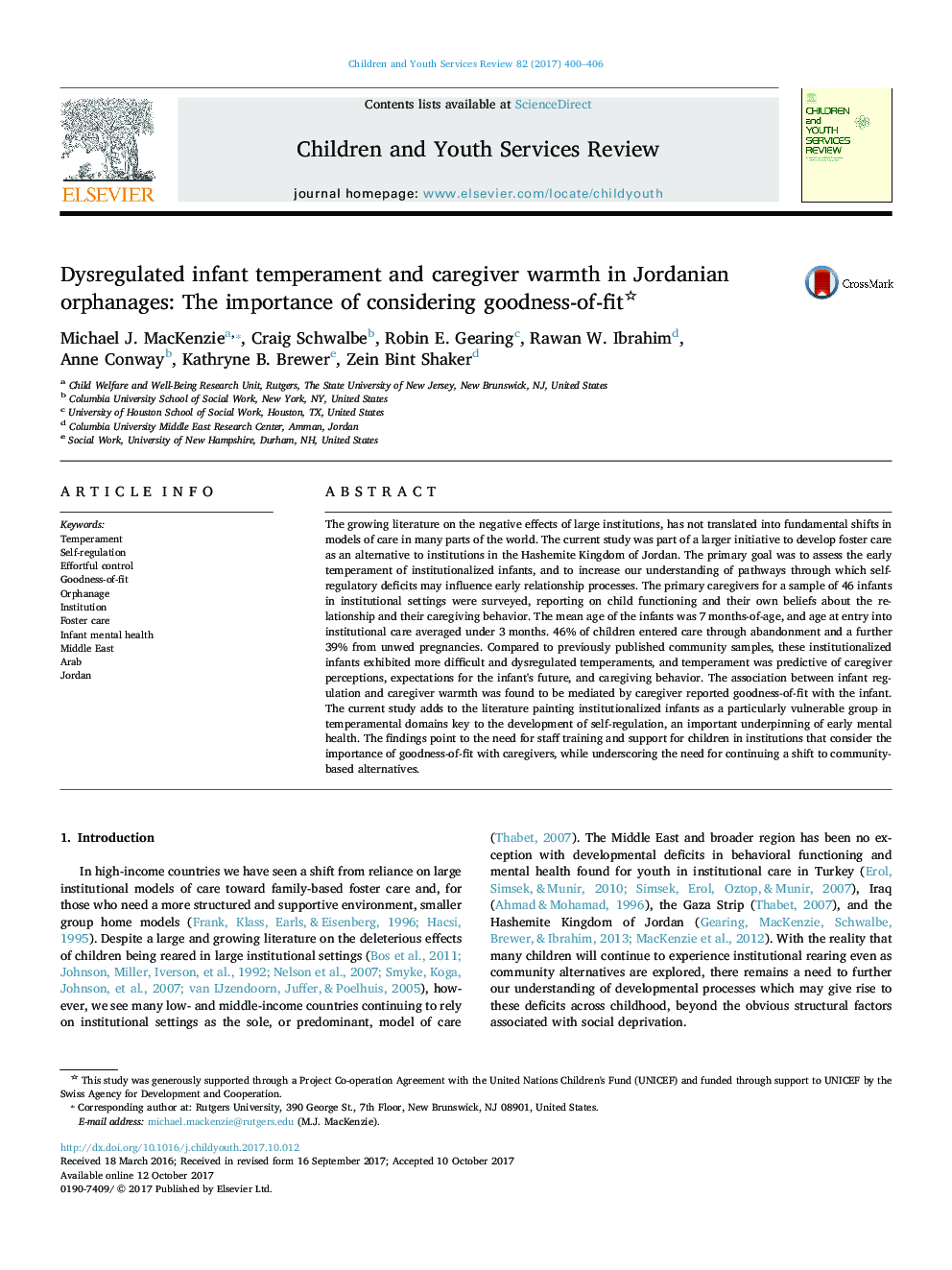 Dysregulated infant temperament and caregiver warmth in Jordanian orphanages: The importance of considering goodness-of-fit