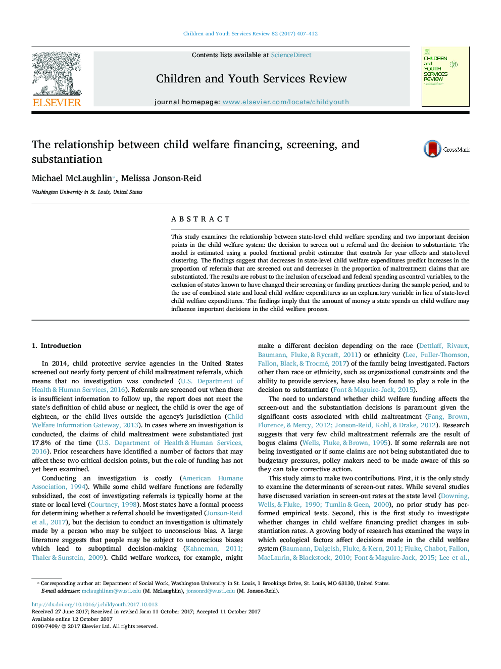 The relationship between child welfare financing, screening, and substantiation