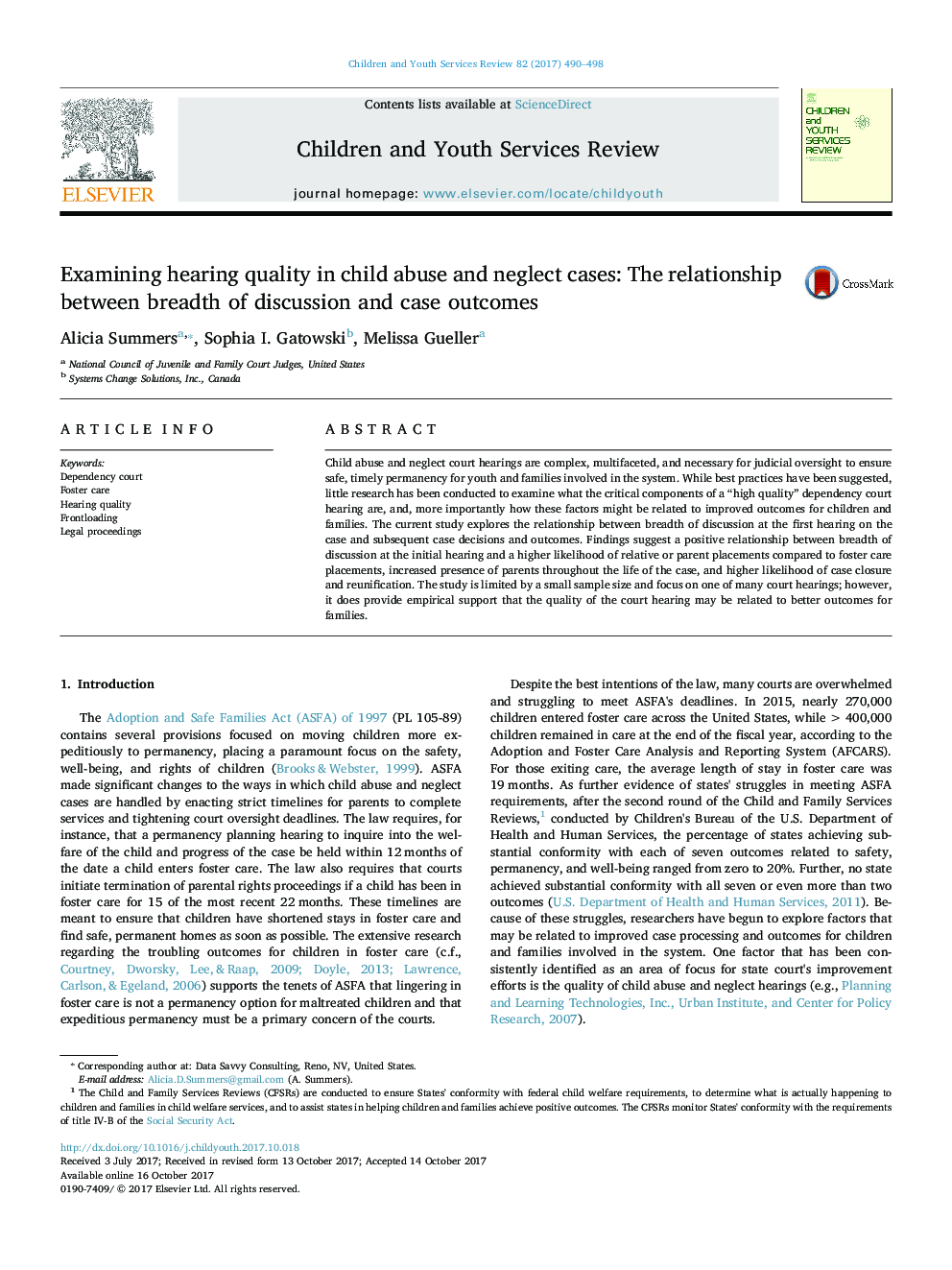 Examining hearing quality in child abuse and neglect cases: The relationship between breadth of discussion and case outcomes